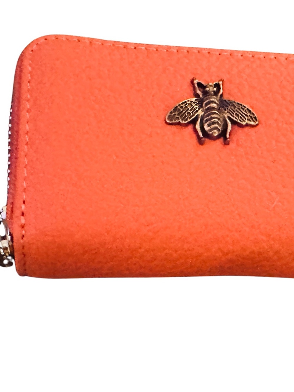 NEW Genuine Leather Card Wallet - Orange with Gold Hardware and Bee Accent